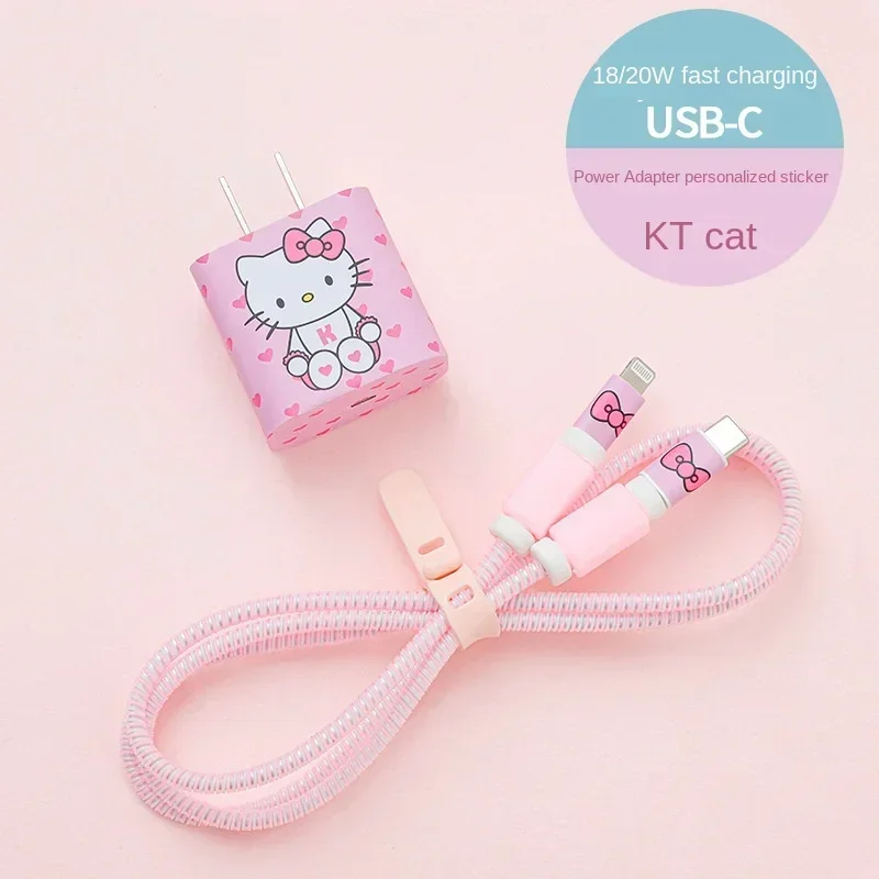 Sanrio Cartoon Data Cable Wrapped DIY Sticker Decoration Cute Anime Hello Kitty Pikachu Charger Protective Case for IPhone 20w