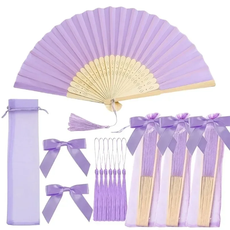 16pcs 2026 Advanced model Wedding Favor Fan Set Purple Ribbon Bow Tulle Bag DIY Decor Photo Prop Wedding Party FavorBridesmaid