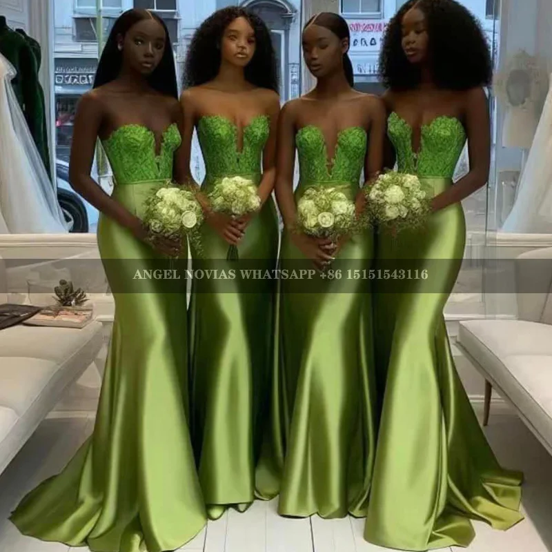 

Long Green Mermaid Bridesmaid Dresses Lace Appliques Strapless Maid Of Honor Gown African Girls Wedding Guest Dress