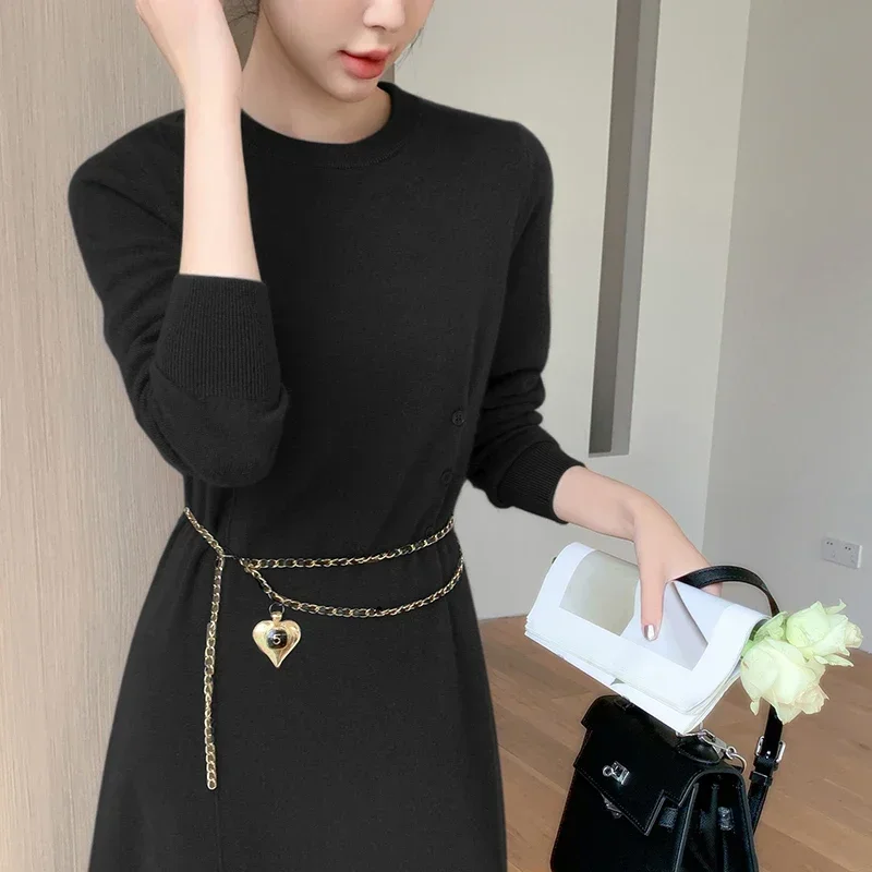 Goat Cashmere Dress Women's Autumn And Winter High-End Long Straight Over-The-Knee Cashmere Knitted Dress With Inside AndOutside