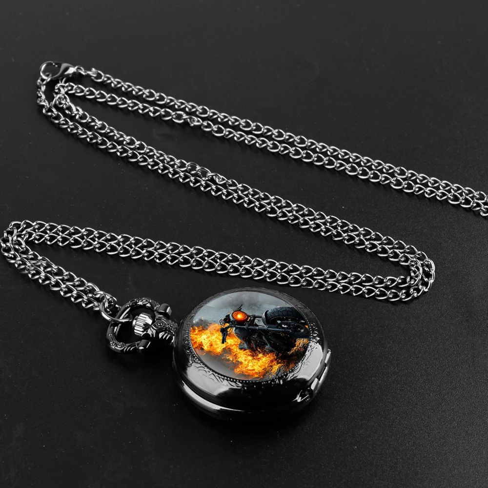 Vintage Cool Motorcycle Graphic Quartz Pocket Watch, Necklace Pendant with World Time Feature, Ideal Gift for Men Women and Kids