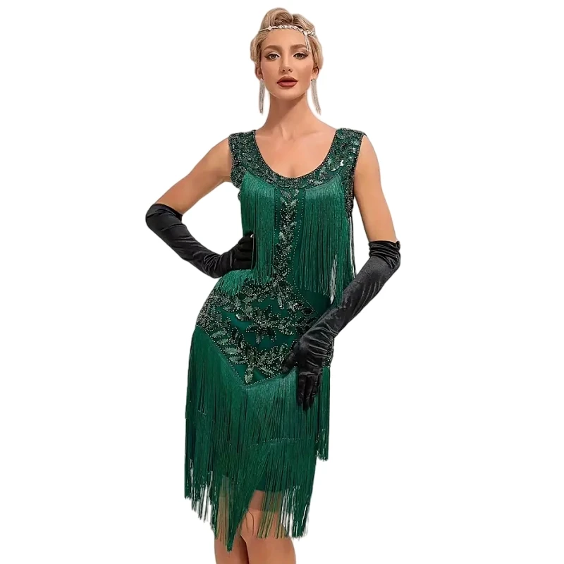 slim fit dress slacks 1920s Green Beaded Stella Flapper Dress