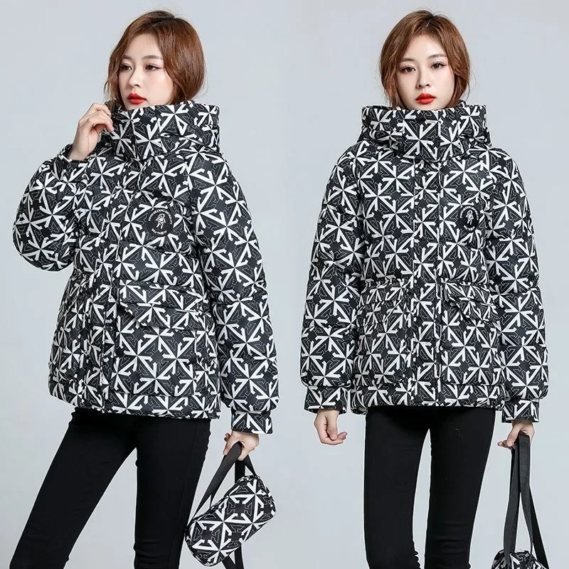 Autumn Winter Down Cotton Jacket Women 2023 New Fashion Loose Thicken Warm Coat Hooded Zipper Pocket Printing Outerwear Female