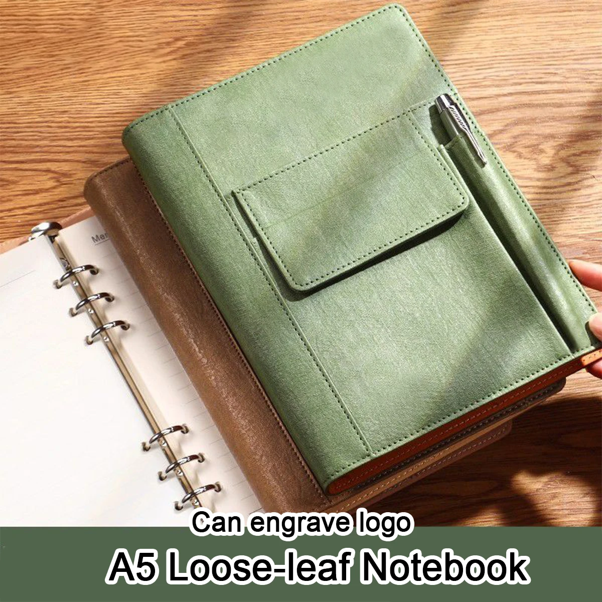

(Can Engrave Logo) A5 Student Loose-leaf Notebook, Business Meeting Recordbook, Cover Pocket Design, Notepad, Diary