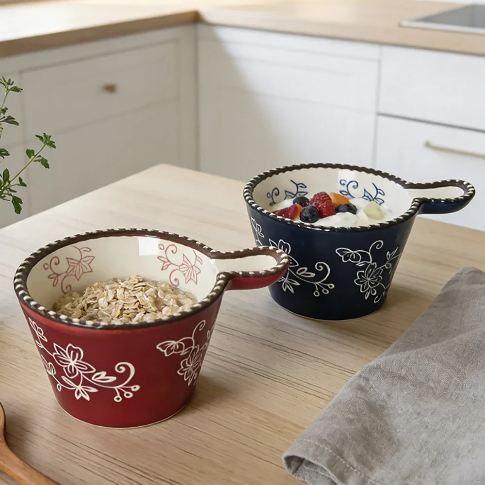 Dots Relief Floral Ceramic Bowl Creative Handgrip Porcelain Homehold Dinnerware Milk Oats Yogurt Breakfast Bowls Personal Items