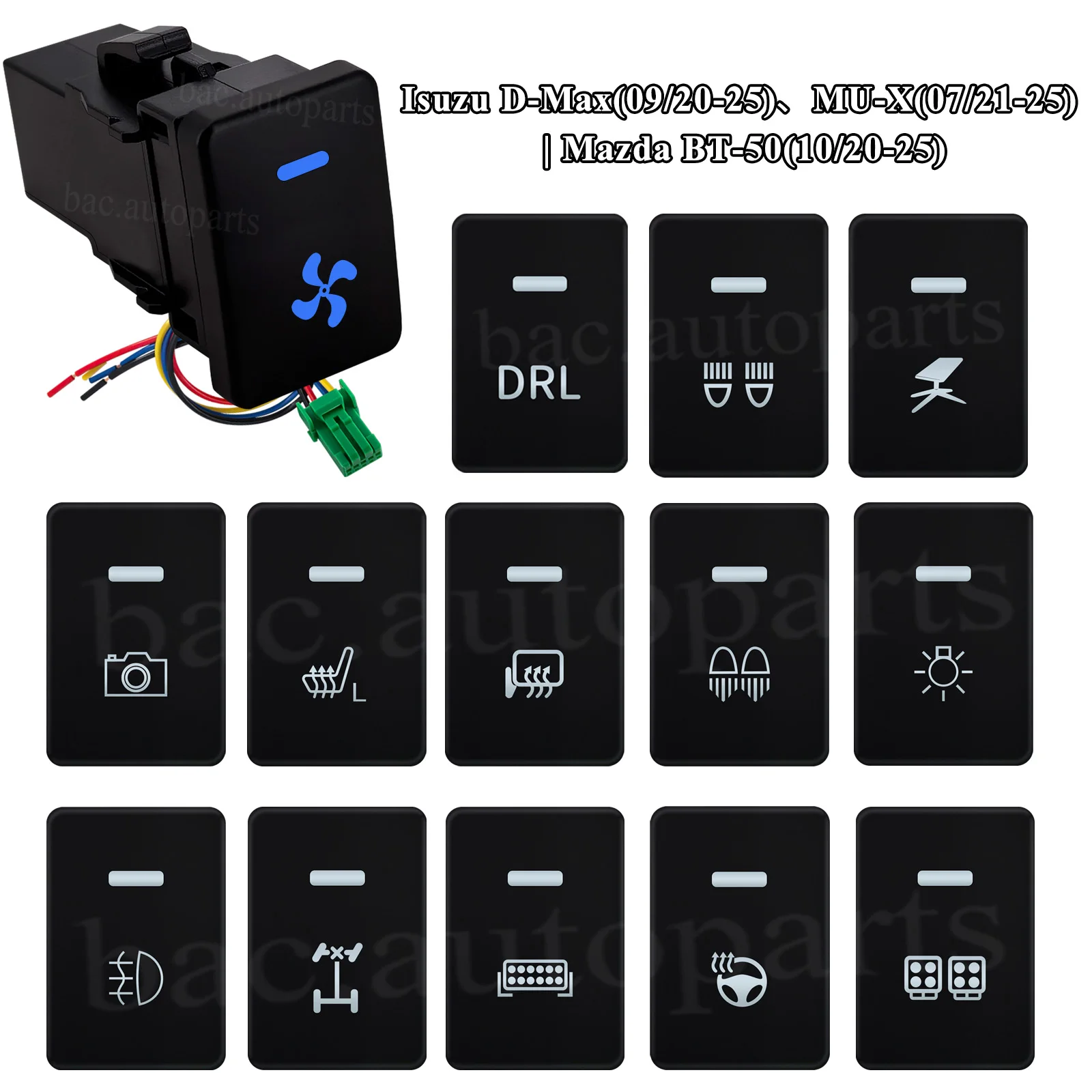 12V LED Blue Push Button Switch Wire Connector for Isuzu D-Max 2020-2025 MU-X 2021-2025 Mazda BT-50 2020-2025 On-Off Car Button
