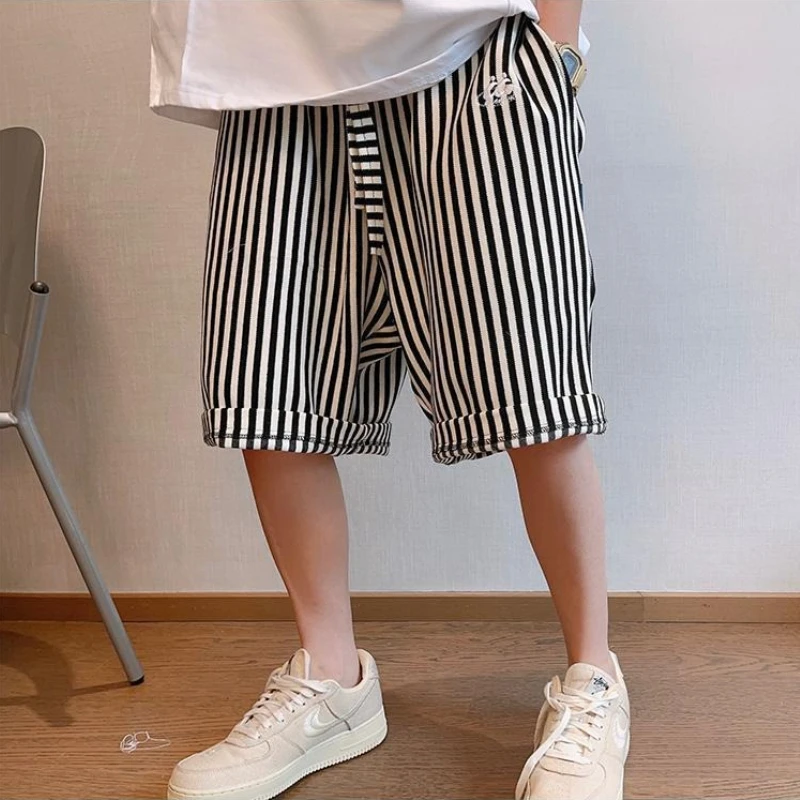 Big Men Summer Fashion Shorts 2024 Loose Fit Vertical Stripe Design Trendy Street Style