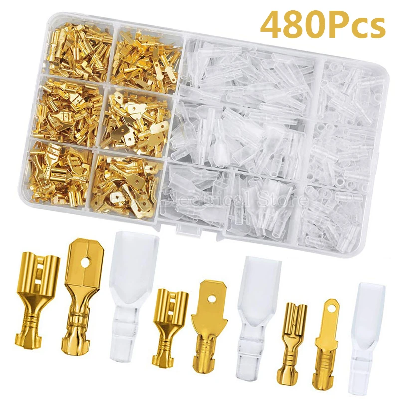 480Pcs 2.8mm 4.8mm 6.3mm Plug Spring Female Male Spade Cold Crimp Terminals Connector Car Speaker Electrical Wire Connectors Set