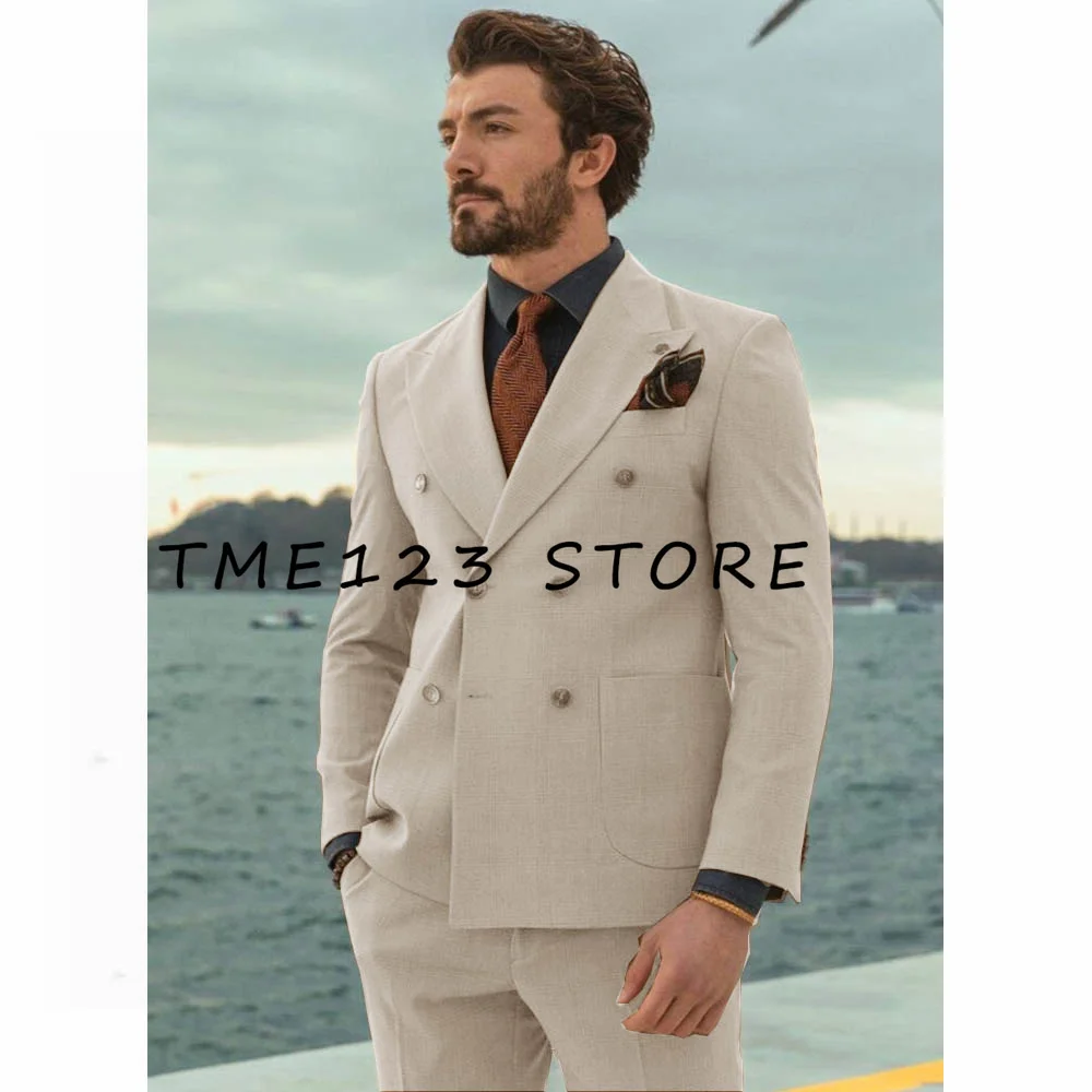 Luxury Two Piece Cream Peak Collar Mens Suit For Wedding Engagement, Prom, Grooms wear And Groomsmen