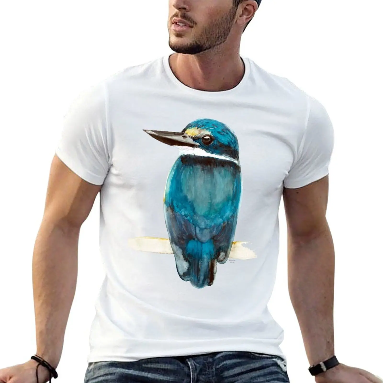 Sacred Kingfisher Watercolour Painting T-Shirt cheap stuff tops T-shirts for men cotton