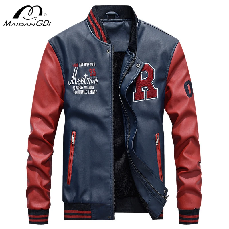 MaiDangDi Men's Baseball Jacket Leather Embroidered Patchwork Color  Motorcycle Style   Artificial Leather PU Material