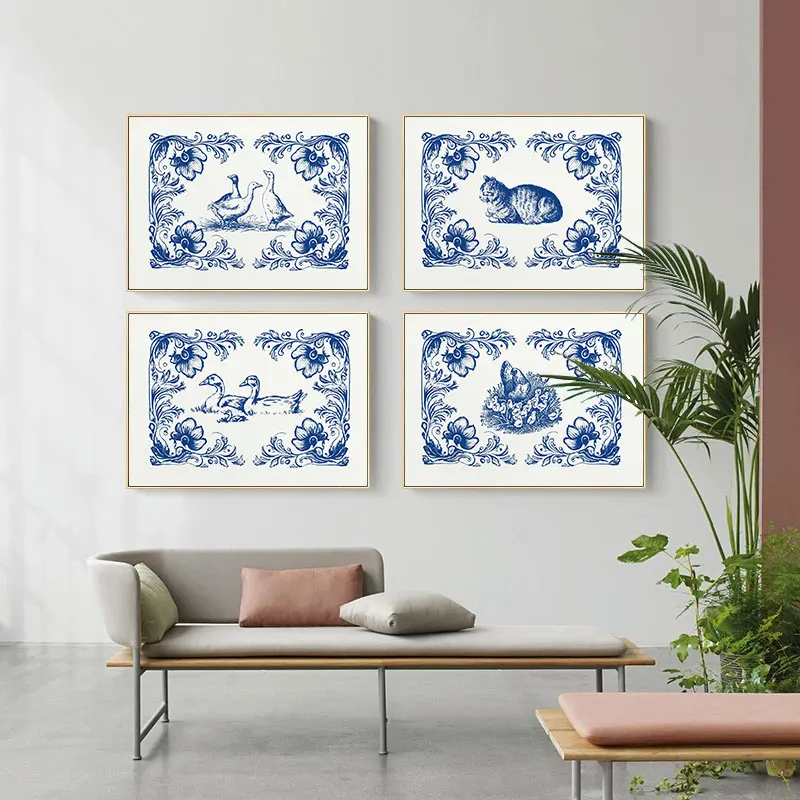 Delft Blue Cat Duck Hen Vintage Poster Dutch Tiles Drawing Antique Room Home Decor Canvas Painting Farmhouse Wall Art Pictures