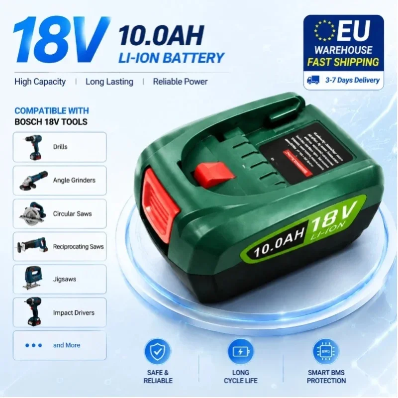 18V 10000mAh Ersatzakku Kompatibel mit Bosch PBA 18V BAT609 BAT610 BAT618 BAT619 BAT609G BAT618G Wiederaufladbarer Li-Ionen-Akku für AL1810CV AL1830CV AL1880CV Akku-Bohrschrauber Schlagschrauber