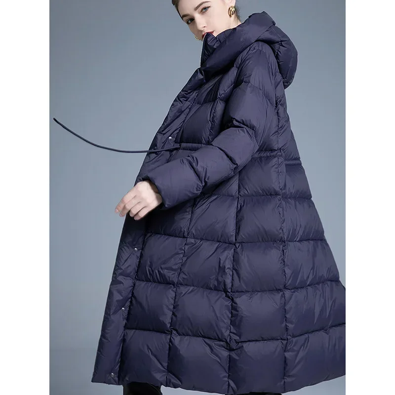 Winter 90 White Duck Down Jacket for Women Mid To Long Waist Cinched Hooded Down Jacket