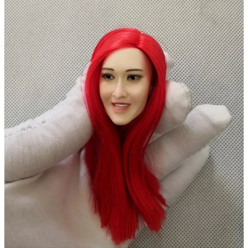 1/6 Scale Red Long Hair Expression Head Sculpture Female Action Figures Head Carving Model for 12" Ph Tbl Pale Skin Body