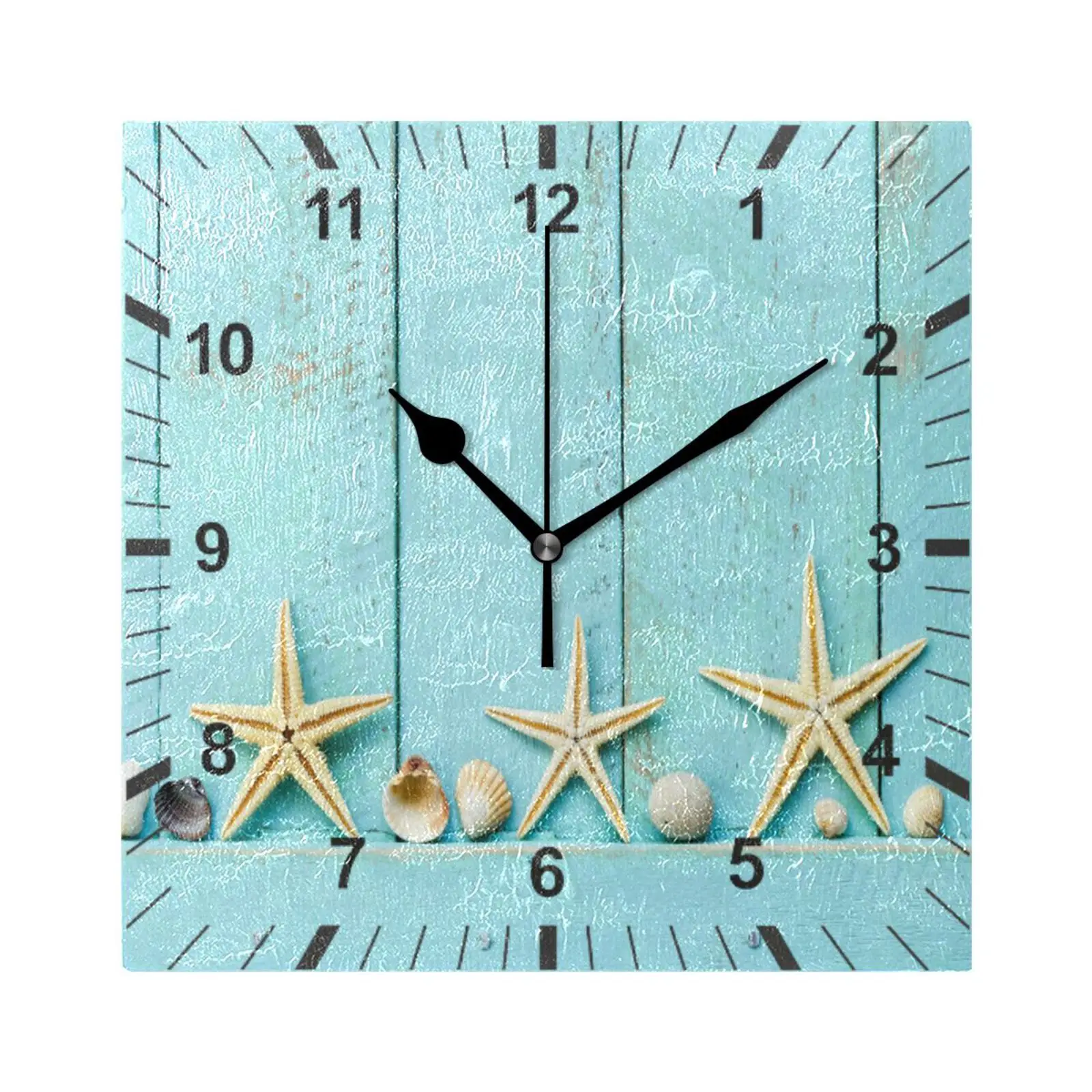 Beach Starfish Shell Print Silent Wall Clock Square Hanging Wall Watch Battery Operated Non-Ticking Quiet Desk Clock Home Decor