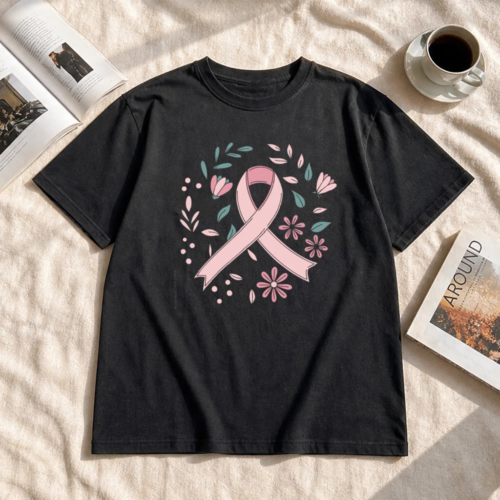 Minimalist Leaf Floral Wreath Ribbon T Shirt Women Breast Cancer Awareness Month Tops Botanical Minimal Graphic Shirt