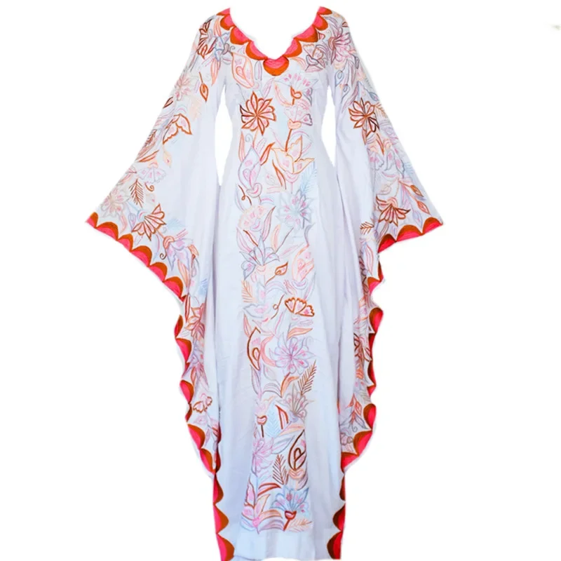 Medieval Cosplay Costume Vintage Women Floral Print Flared Sleeve Beach Bohemian Maxi Dress Ladies V-neck Vampire Dress Vestidos