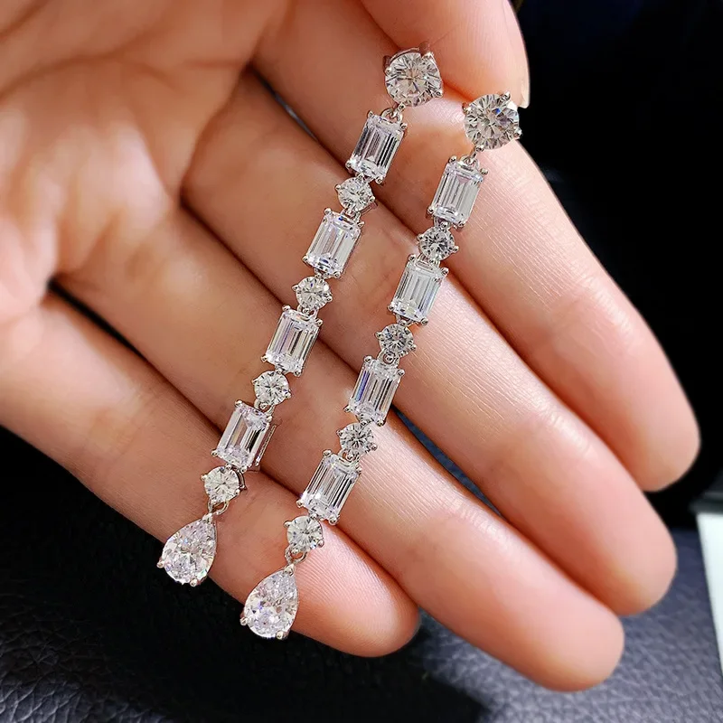 100% 925 Sterling Silver High Carbon Diamond Long Drop Earrings For Women Wedding Engagement Party Fine Jewelry Wholesale