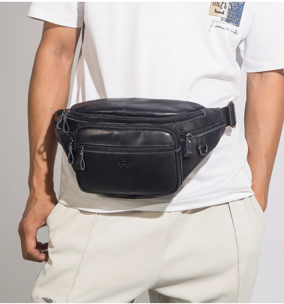 Men's Genuine Leather Waist Bag Male Belt Bag Casual Waist Packs for Phone Pouch Travel Chest Bag Crossboby Shoulder Bag