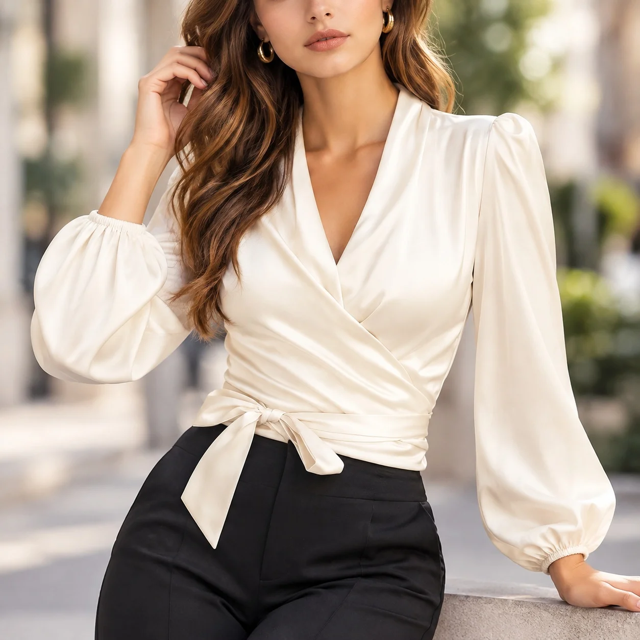V Neck Cross Tie Top with Long Sleeve Bubble Sleeve Patchwork Turtleneck Elegant Business Office Style T Shirts for Women Autumn