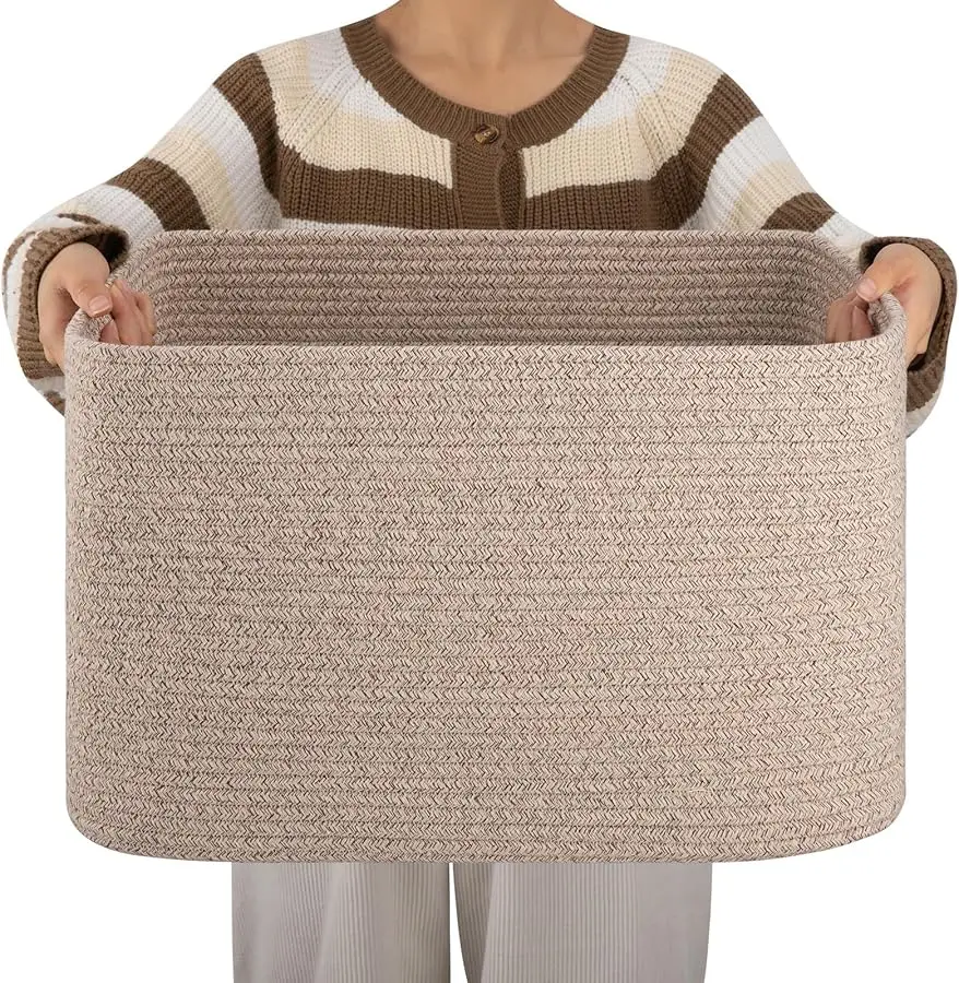 

Cotton Rope Basket, Rectangle Woven Nursery Blanket Basket, Toy Storage Basket with Handle, Baskets for Organizing, 18”x14”x12”,