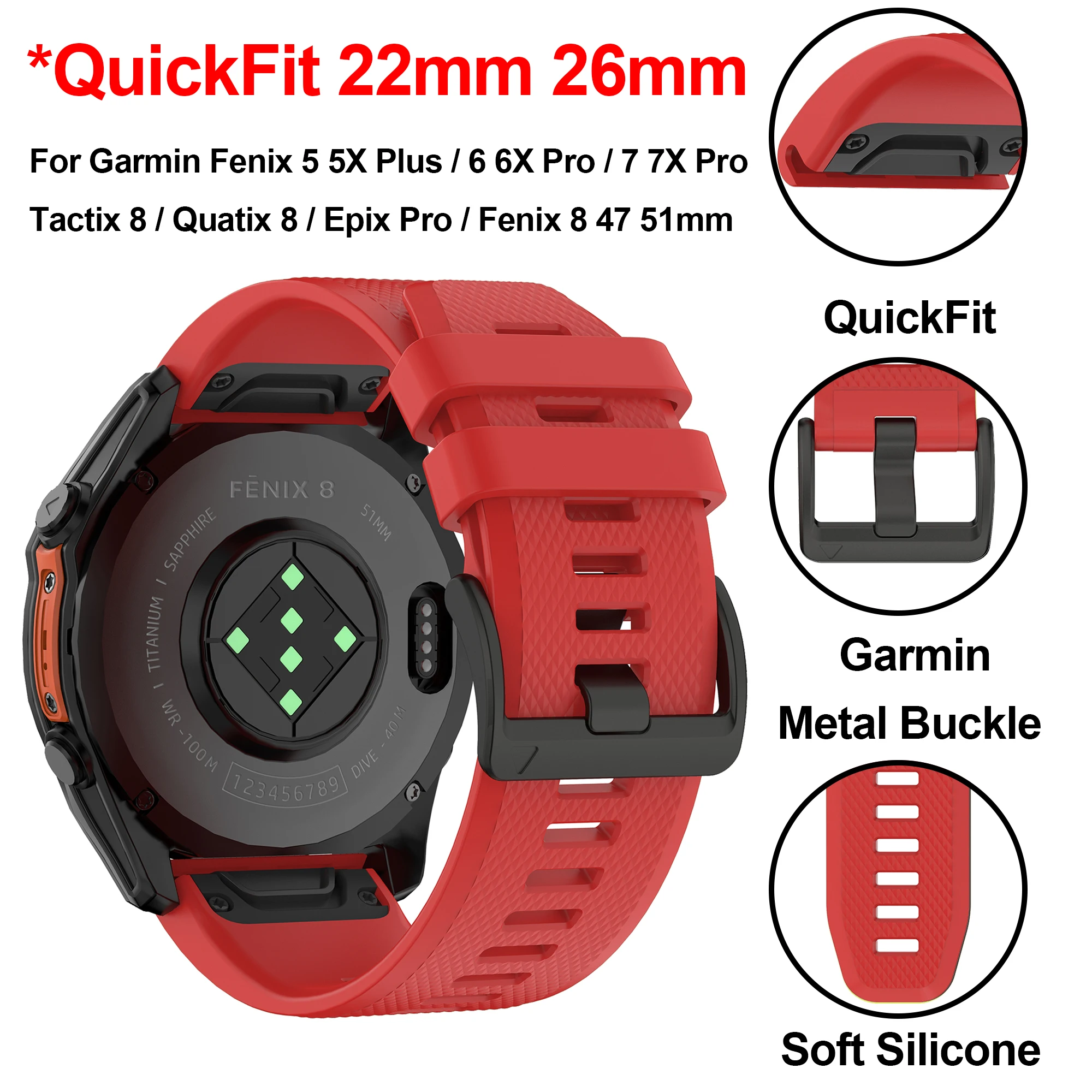 

QuickFit 22mm 26mm Sport Silicone Strap For Garmin Fenix 5 5X Plus/7X 7 Pro/6X 6 Pro/Fenix8 47 51mm/Epix Pro Bracelet Watchband