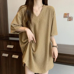 Fashion V-Neck Loose Solid Color Casual T-Shirts Female Clothing 2024 Summer New Oversized Korean Tops All-match Tee Shirt