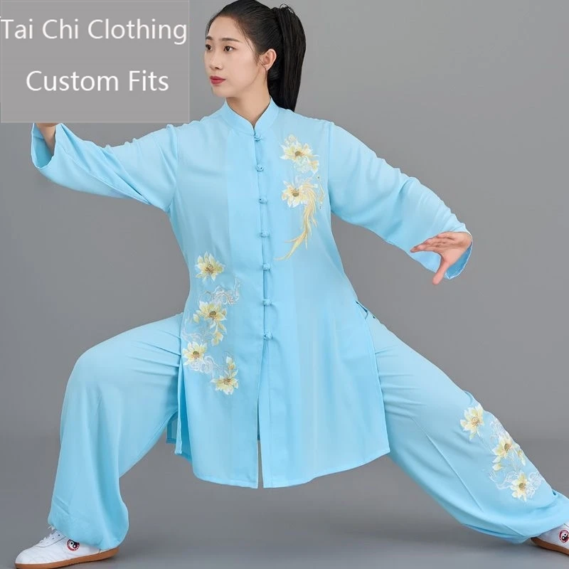 Summer Thin Tai Ji Suit Women's High-End New Ice Silk Light Blue Magnolia Delavayi Chinese Exercise Clothing