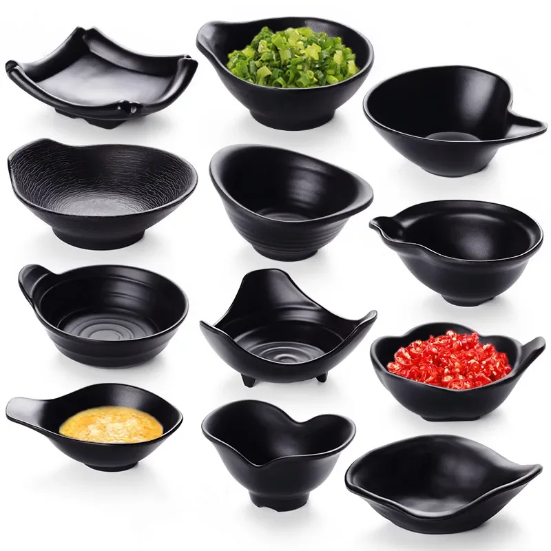 Black Frosted Plastic bowls Melamine Tableware Restaurant Sauce Bowl Creative Handle Bowl Irregular Tableware Snack Plate