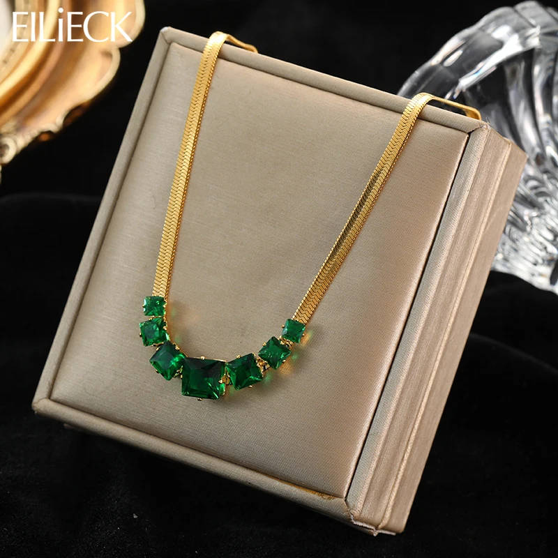 Leilileck-女性用ジルコンネックレス,ステンレス鋼,グリーンクリスタル,ゴールドカラー,スネークチェーン,高品質,316l