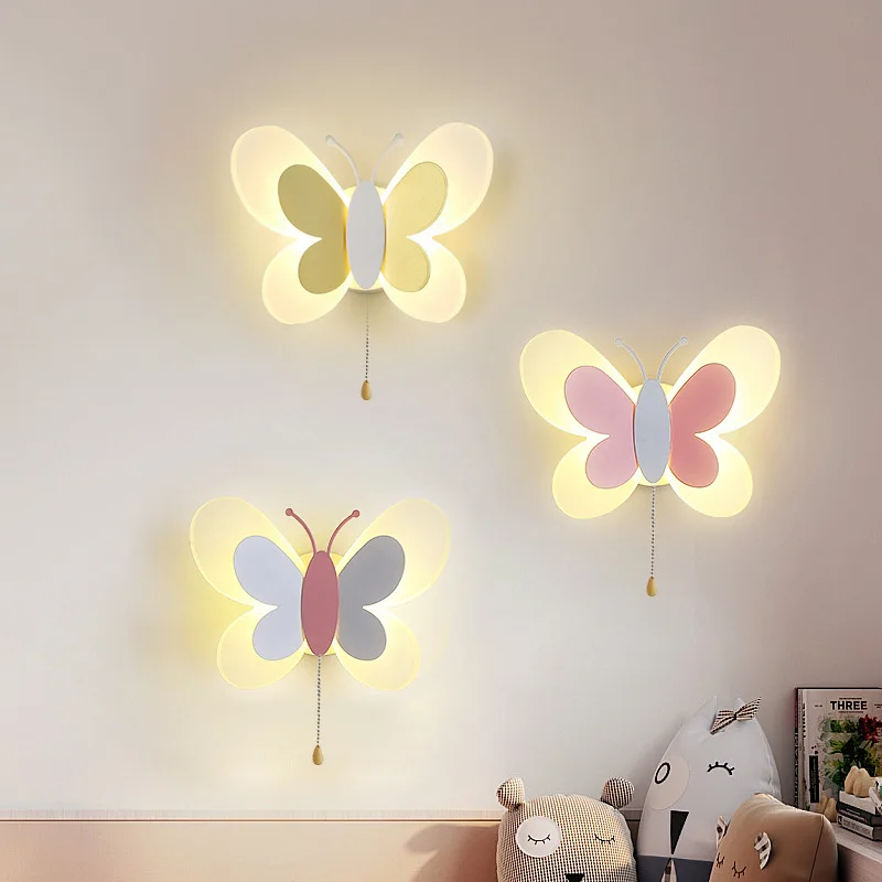 

Lampara de pared en forma de mariposa con dibujos animados, luz LED creativa de montaje en pared para ninos, nino y nina