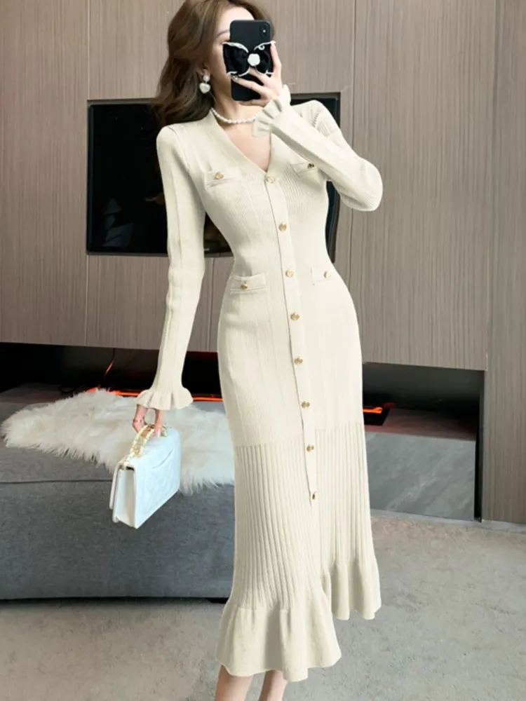 Autumn Solid Knitted Dresses for Women Single Breasted Chic Flared Sleeve Ruffles Hem Casual 2024 Female Office Elegant Robes