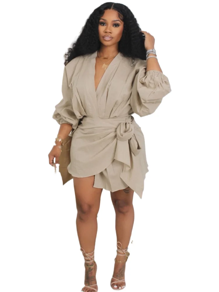 

Fashion Solid V Neck Dress For Women Elegant Long Sleeve High Wasit Lace-up Mini Dresses Female Vestidos Holiday Party Clothes