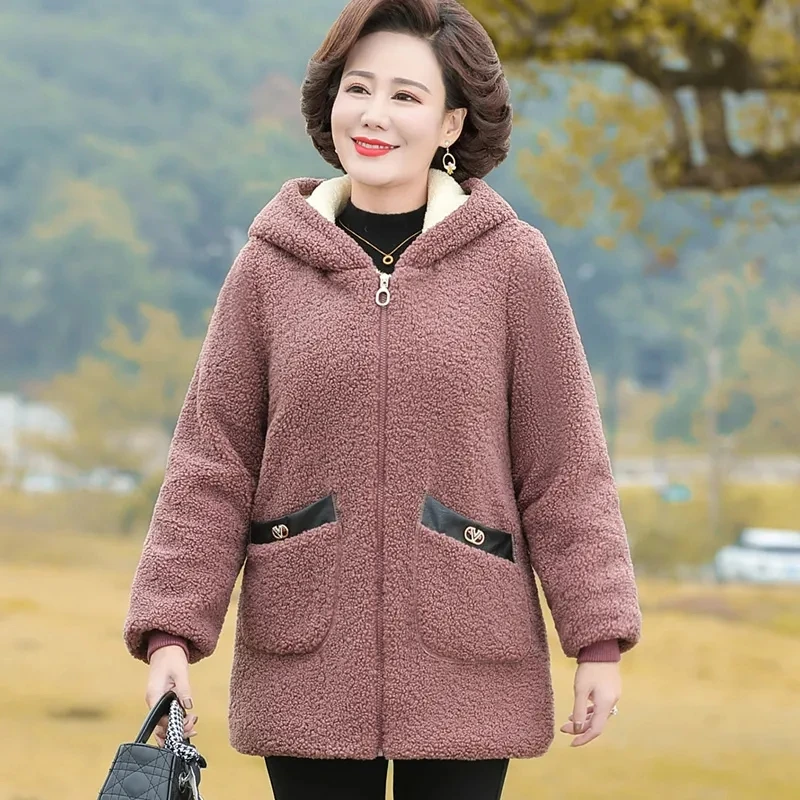 2024 New Middle-aged And Elderly Women\'s Autumn And Winter Mother Cotton-padded Jacket Fashion Hooded Fur-like Loose Coat Women.