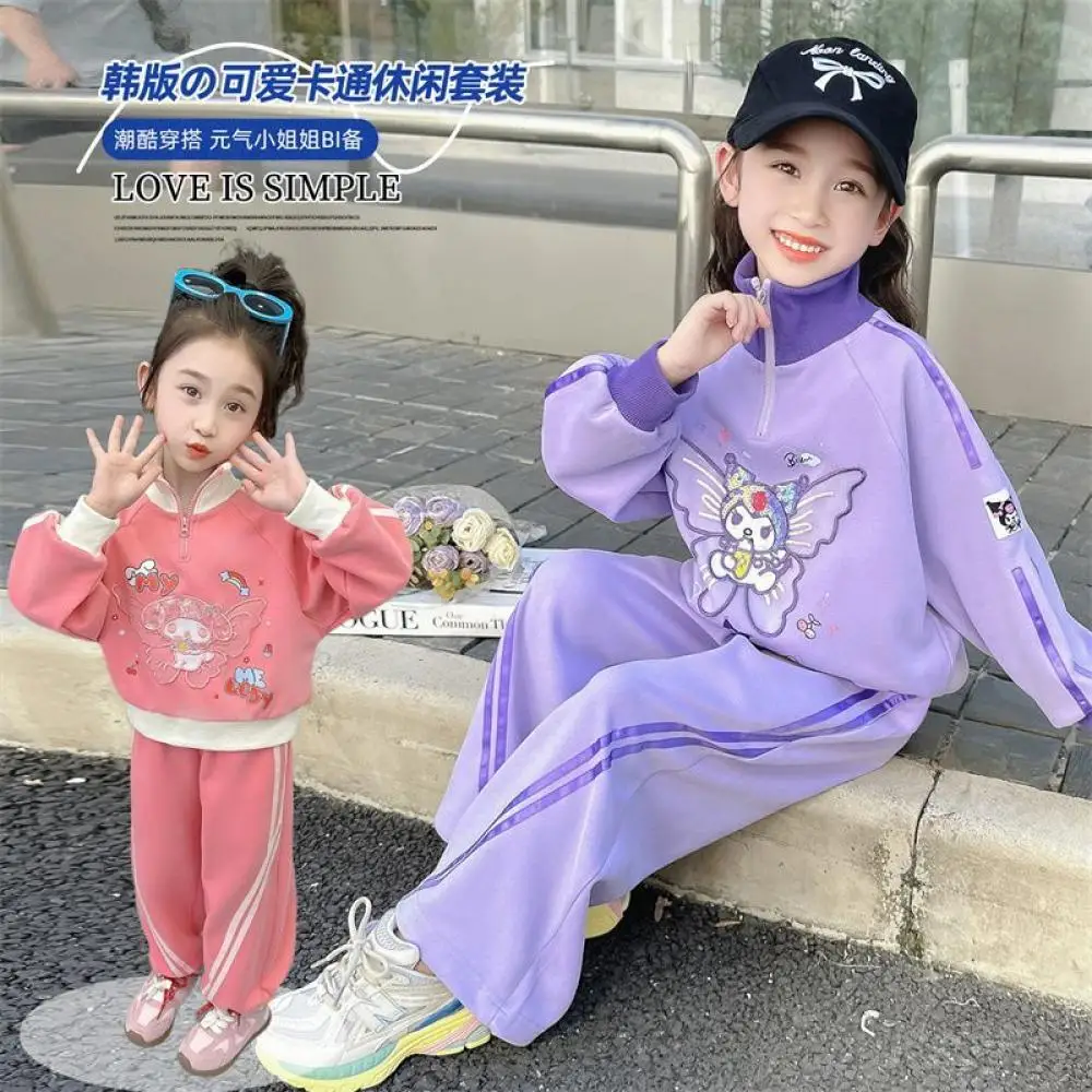 

Детский комплект с героями мультфильмов Kuromi для девочек, осенний свитшот, брюки, стиль Sanrio Kawaii, аниме My Melody Motion, модный свободный новый комплект для отдыха