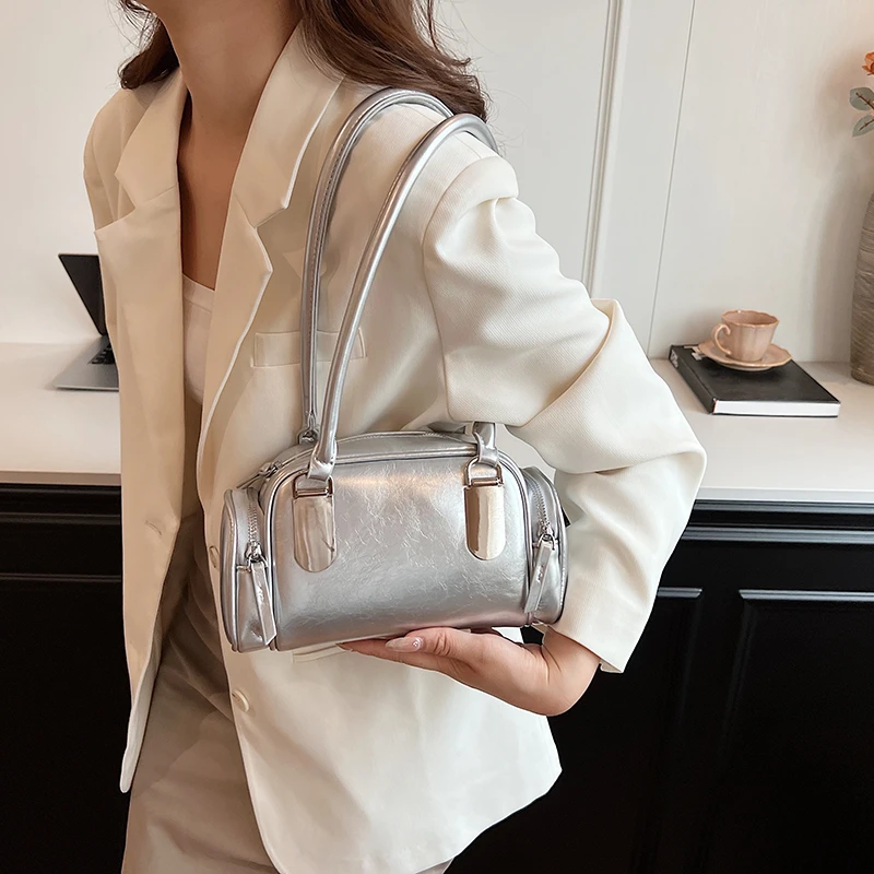 LEFTSIDE Small PU Leather Shoulder Bag For Women 2024 New Trend Korean Fashion Y2K Silver Handbags Females Red Underarm Bag