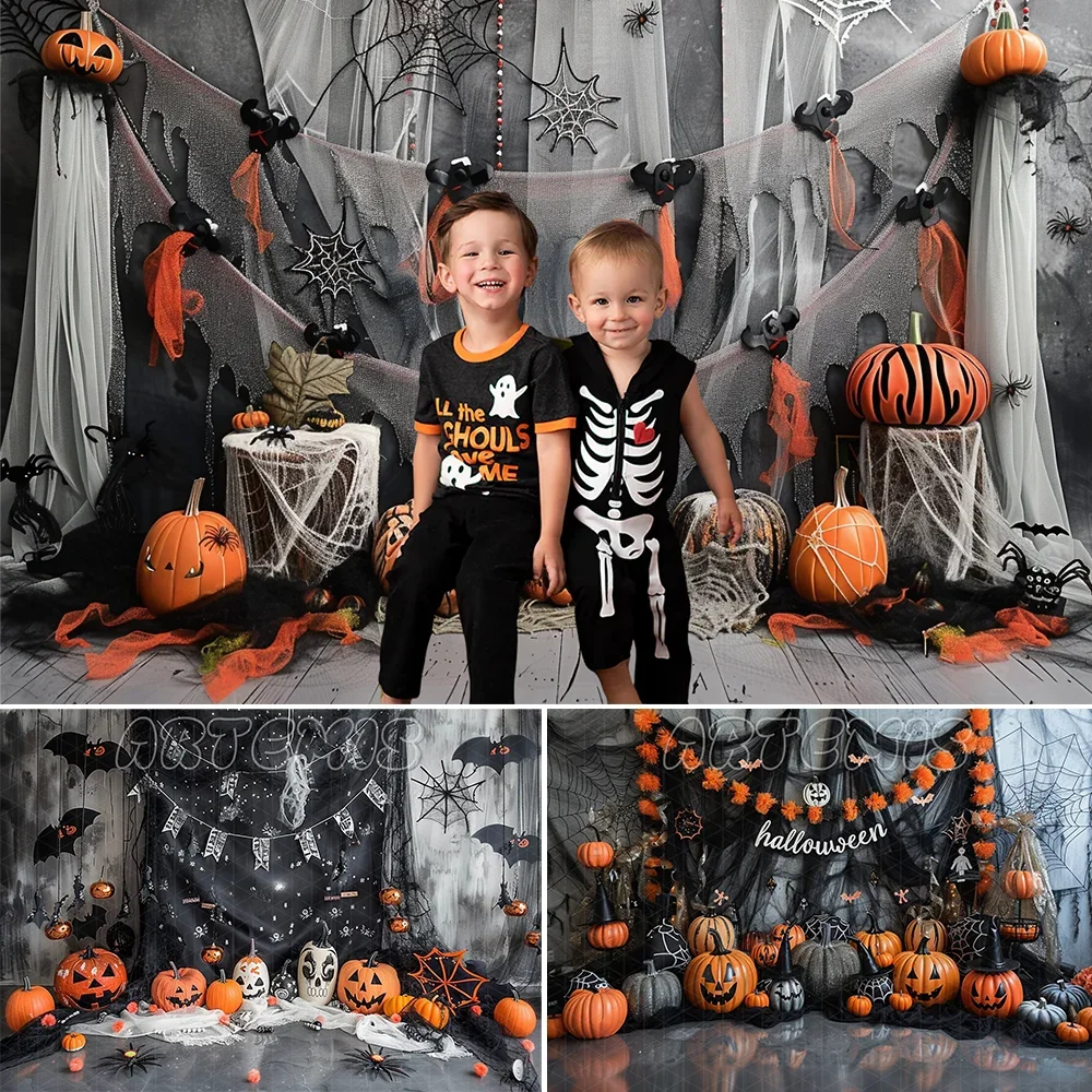 Halloween Themed Backdrop Spider Web Pumpkins Decor Colorful Ribbon Garlands Playful Elements Background Photo Studio Photo-call