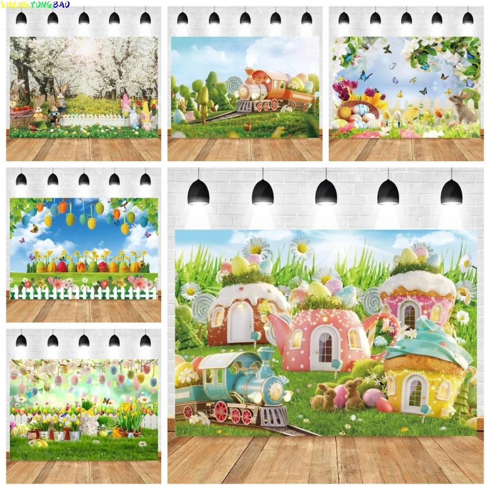 Spring Easter Garden Rabbit Fence Green Grass Theme Banner Background, Children's Birthday Party Decoration Photography Backdrop