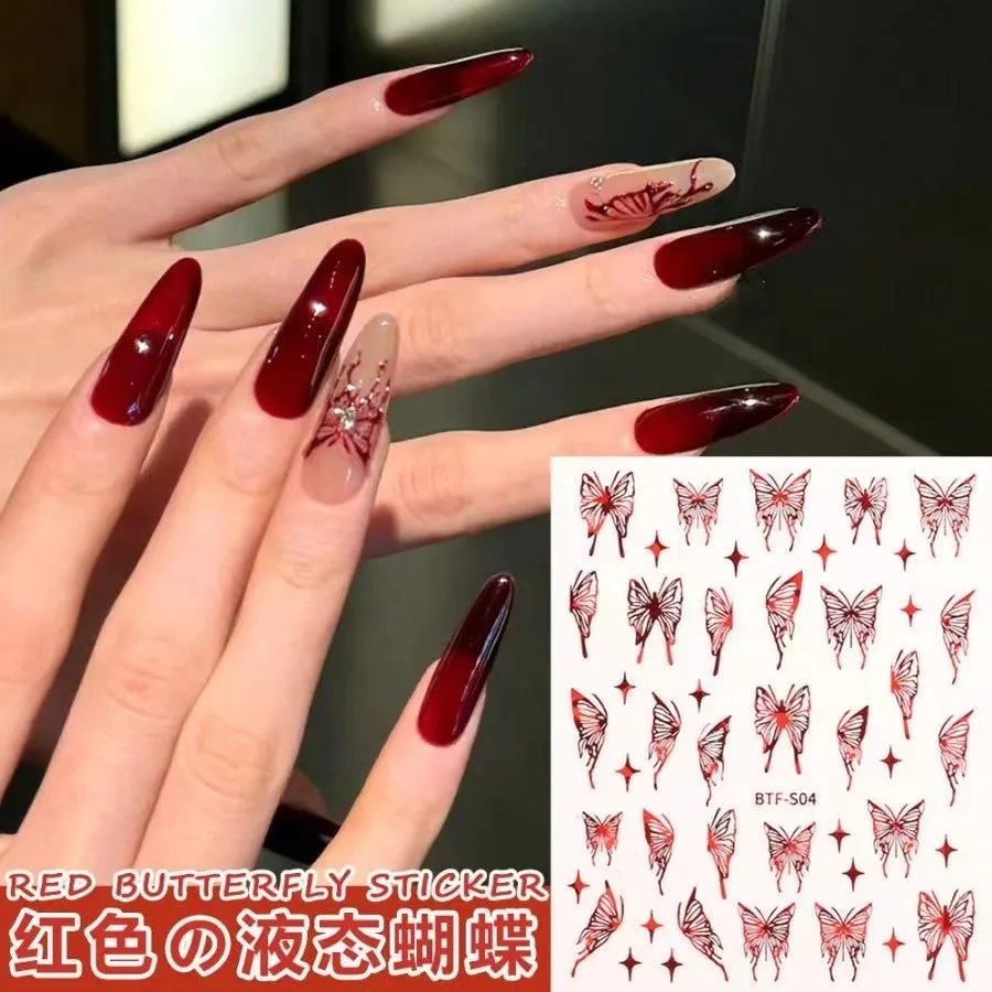 Red Liquid Butterfly Nail Stickers 3D Hollow Dark Grunge Self Adhesive Waterproof Decals for Nail Art DIY