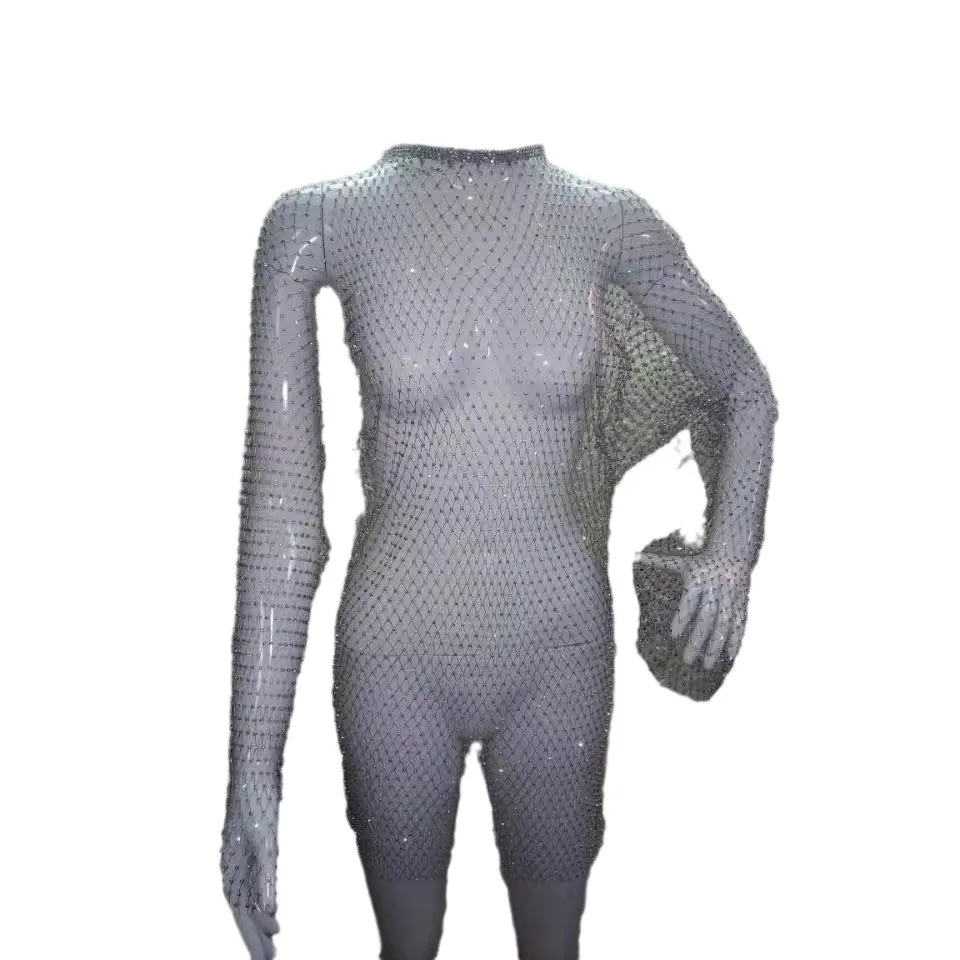 

2023 New Women's Nightclub Stage Performance Long Sleeve Mesh Sparkling Diamond Round Neck Dress LBZ1071