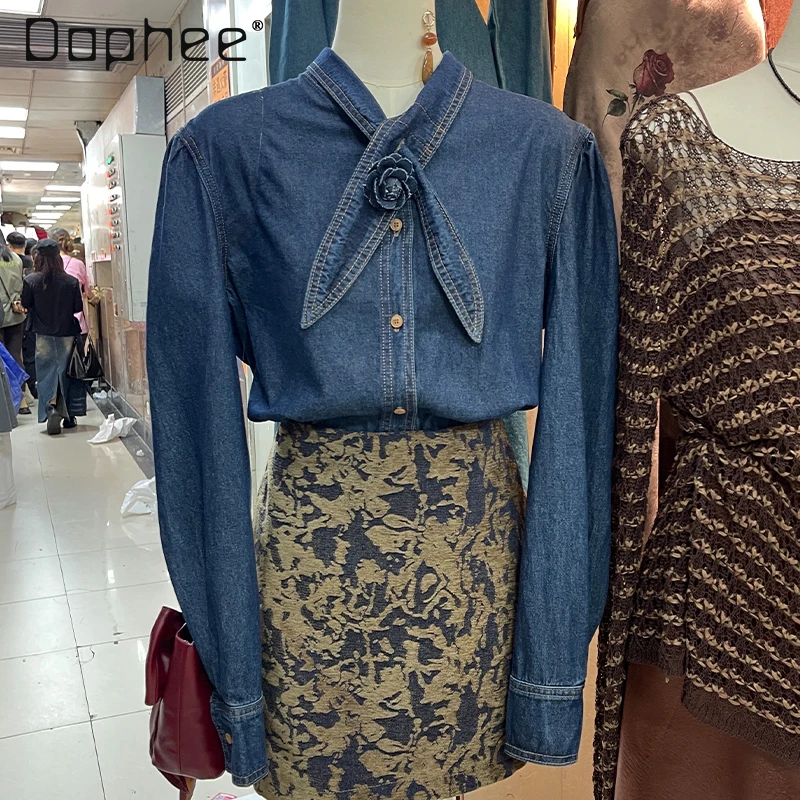 

French Retro Blue Flower Denim Shirt Women's Autumn Spring Chic Design Long Sleeve Single Breasted Slim Blouse Elegant Fashion