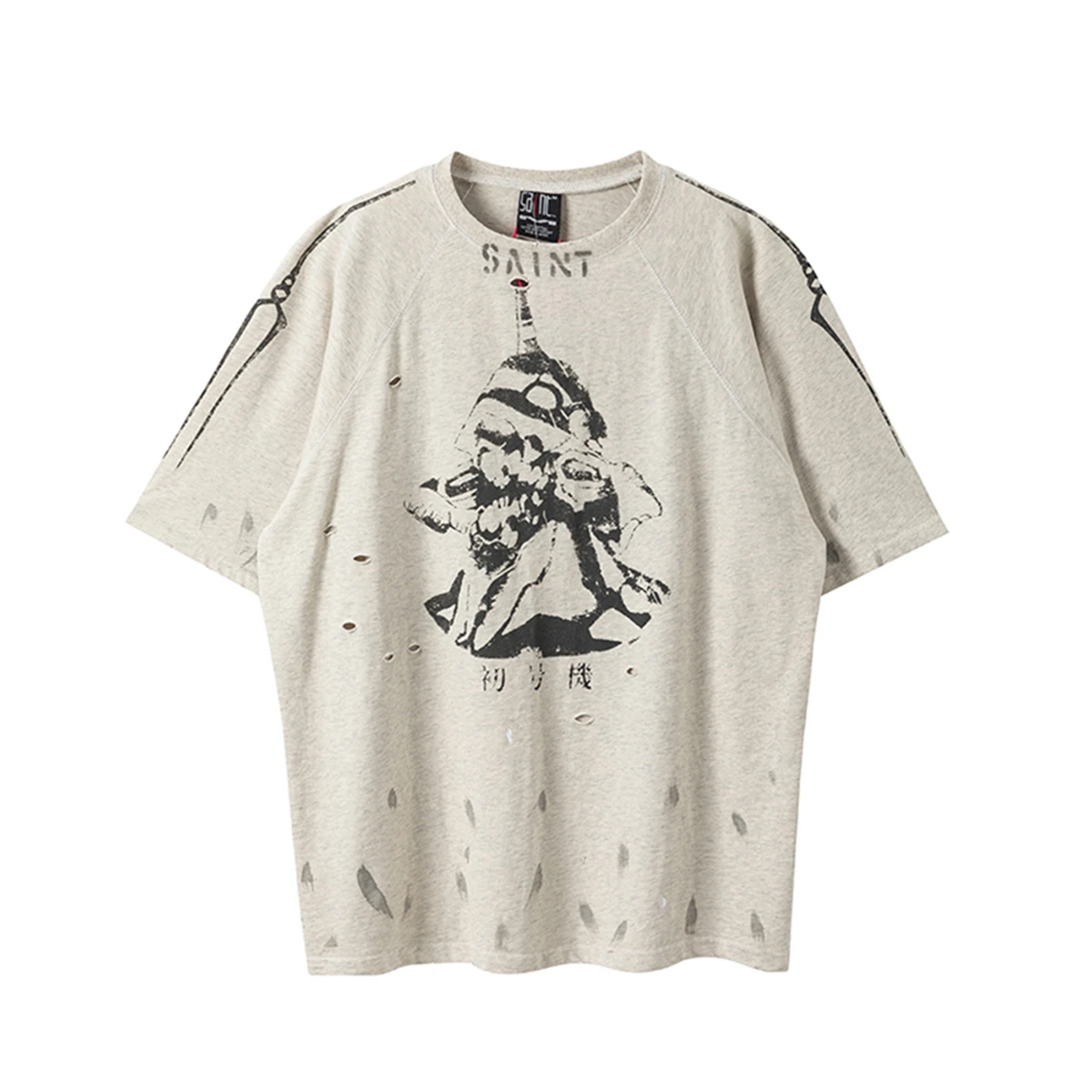 

Vintage Summer Anime Print Washed High Street Short Sleeve Street Casual Loose Cotton T-shirt Fashion Hip Hop Top Round Neck