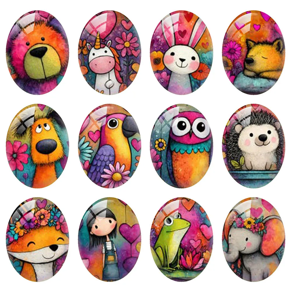 Random Mixed Round/Oval/Square Childlike Pop Style Animals Flower Photo Glass Cabochon Flatback Demo Cameo Diy Jewelry Making