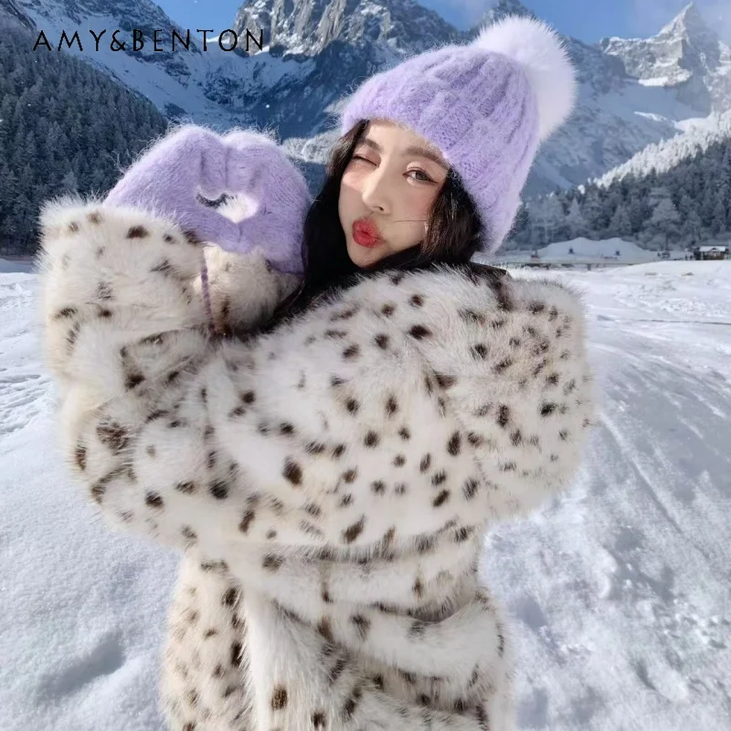 

2025 Autumn Winter New Women's Off-white Leopard Print Hooded Plush Coat Loose Casual Thickened Eco-friendly Fox Fur