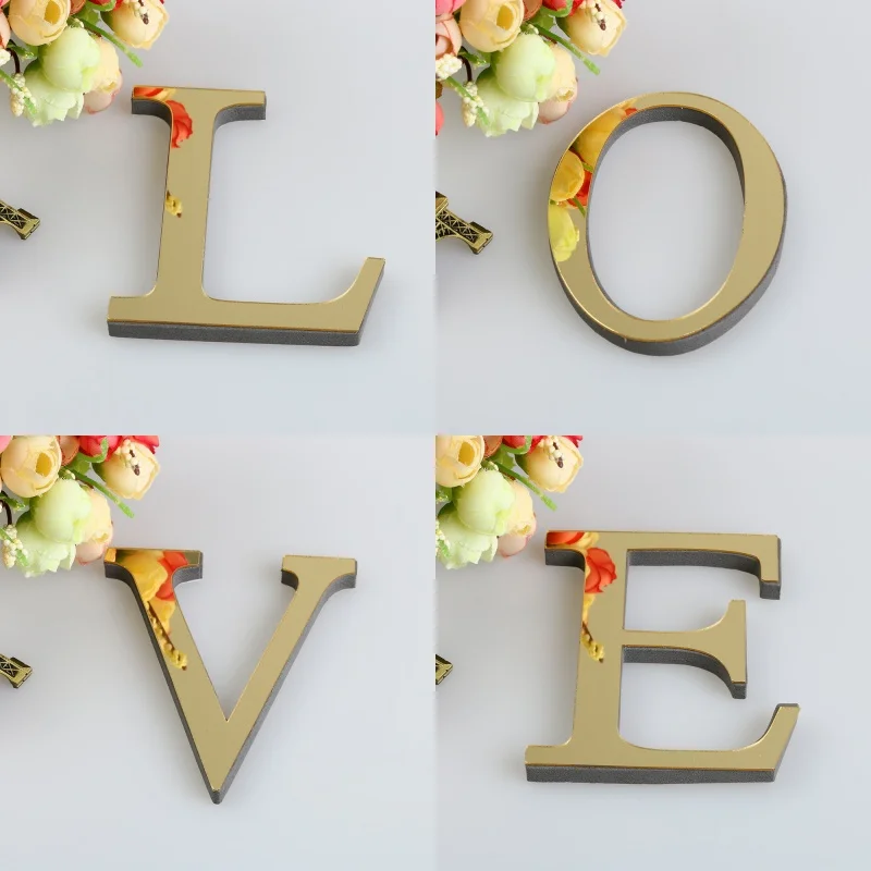 Golden 26 English Letters Wall Stickers Wall Art Alphabet Self-adhesive 3D Acrylic Mirror love letters Ornaments For Home Decor