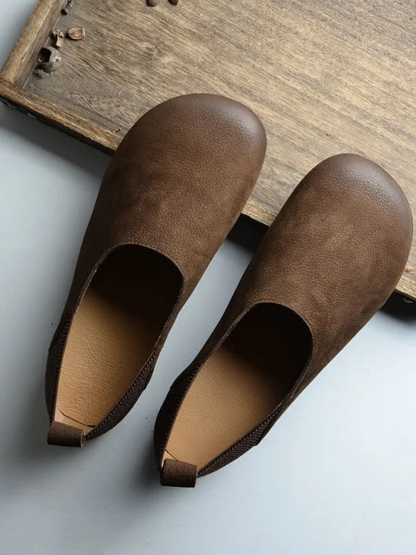 

Retro Handmade Leather Slip-On Casual Shoes Women's round Toe Flat Bottom Soft Bottom Comfortable Spring Summer Fashion