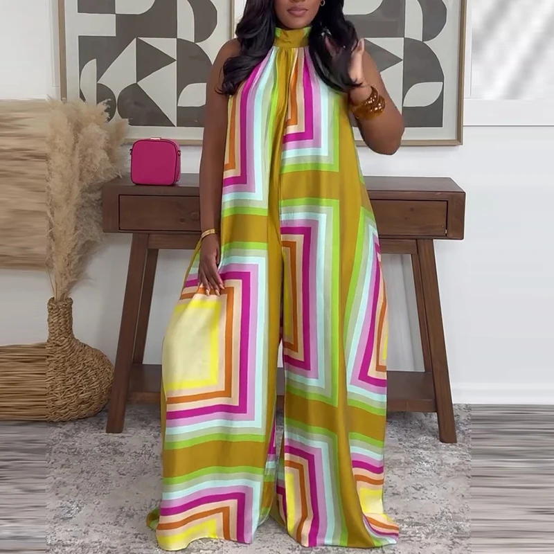 

Summer O-neck Loose Wide Leg Rompers Elegant Simple Lady Commute Playsuits Overalls Fashion Color Blocked Sleeveless Jumpsuits