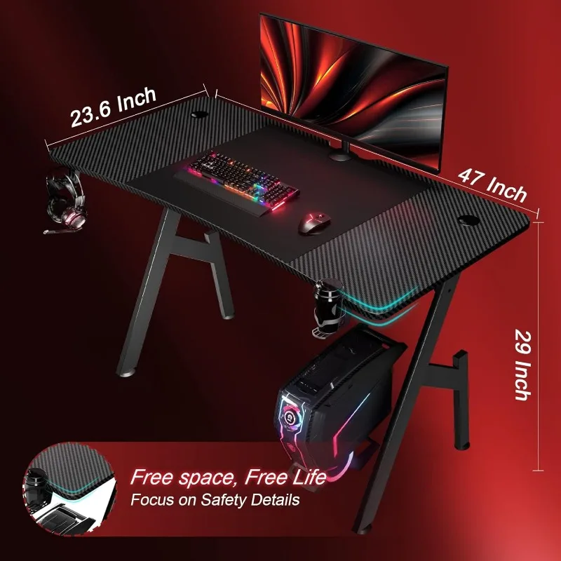 47 Inch Gaming Desk with Carbon Fibre Surface Large Computer Desk Gaming Table Ergonomic Pc Gaming Workstation
