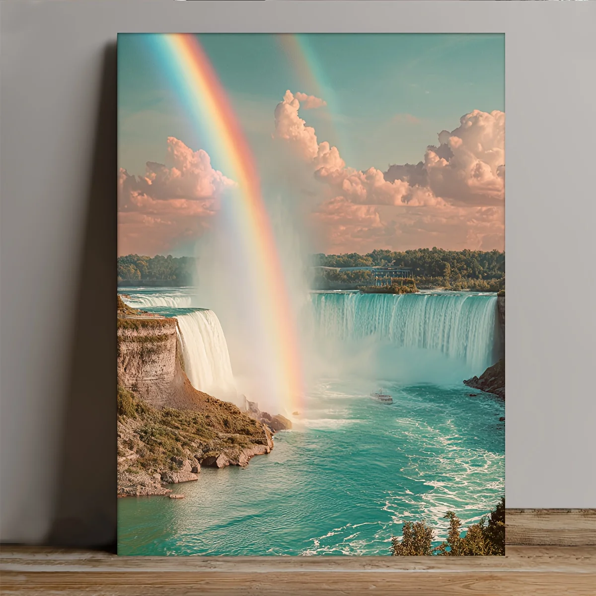 2D Flat, 1pc Large Niagara Falls Canvas Wall Art - Iconic Rainbow & Canadian Horseshoe Falls Painting, Turquoise Water